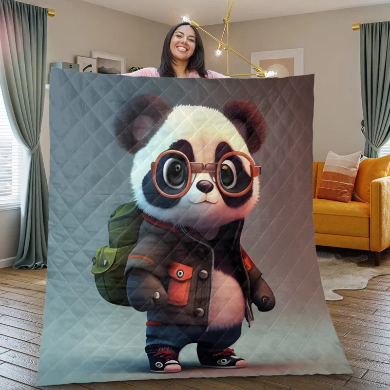 Panda With Glasses and Jacket Quilt Blanket