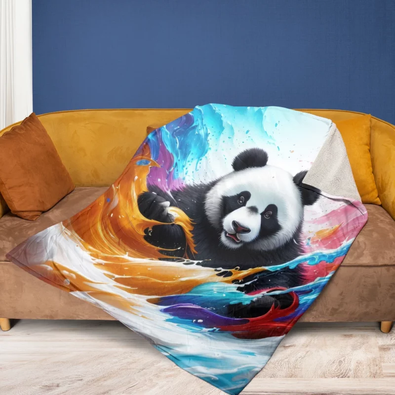 Panda and Waves Digital Art Fleece Blanket 1