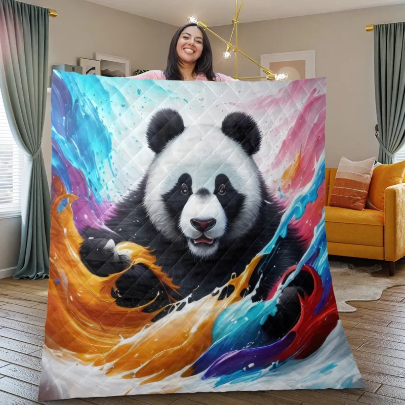 Panda and Waves Digital Art Quilt Blanket