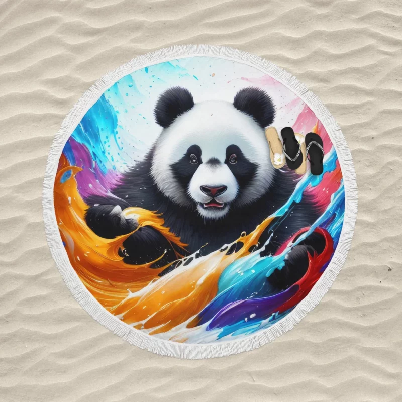 Panda and Waves Digital Art Round Beach Towel