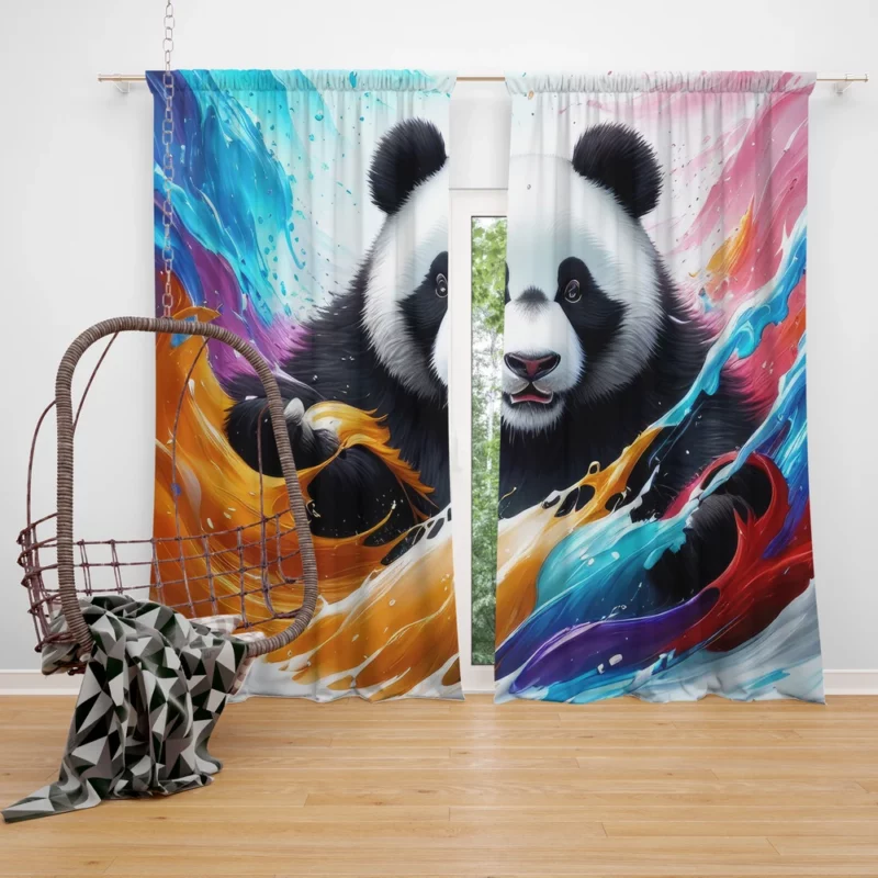 Panda and Waves Digital Art Window Curtain