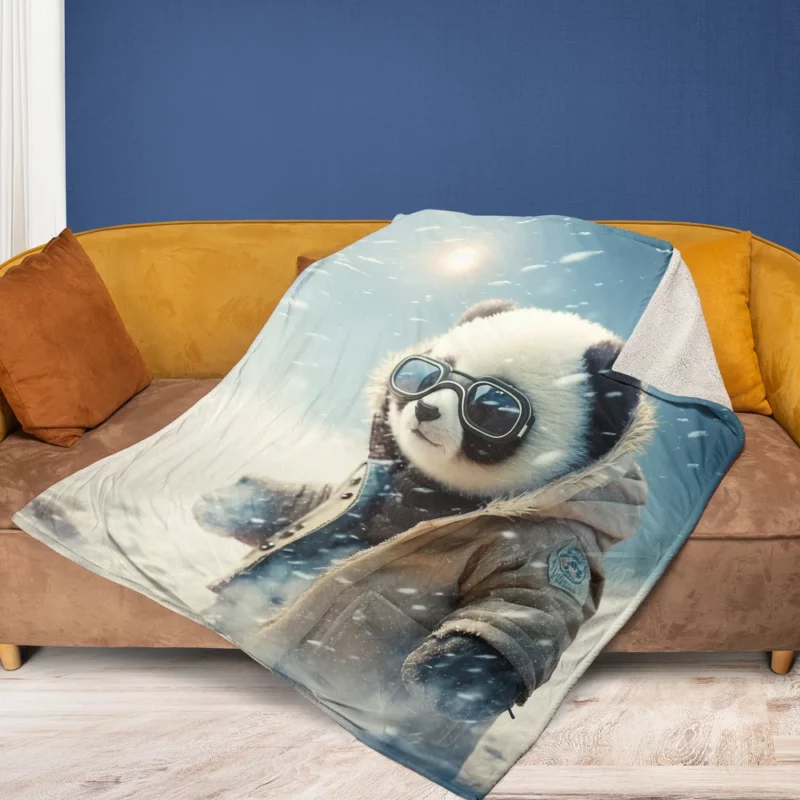 Panda in Snow Gear Fleece Blanket 1