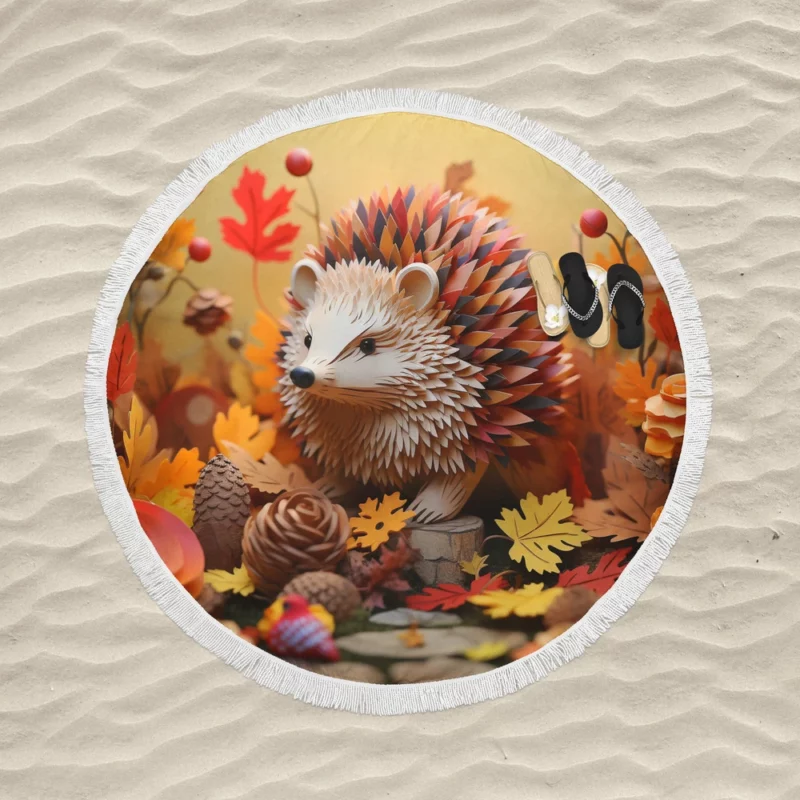 Paper Hedgehog in Leaves Round Beach Towel