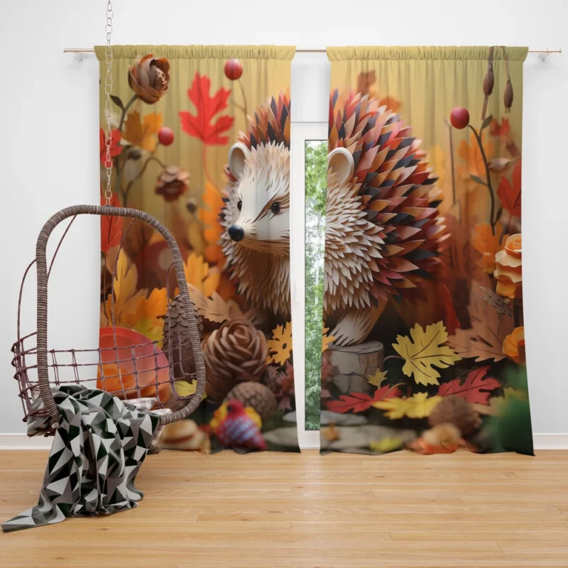 Paper Hedgehog in Leaves Window Curtain