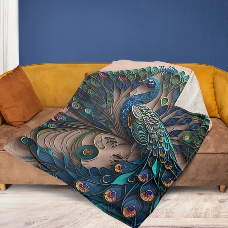 Paper Quilling Peacock Theme Fleece Blanket 1