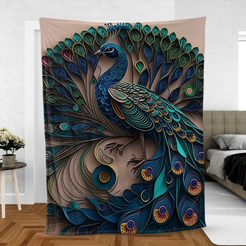 Paper Quilling Peacock Theme Fleece Blanket