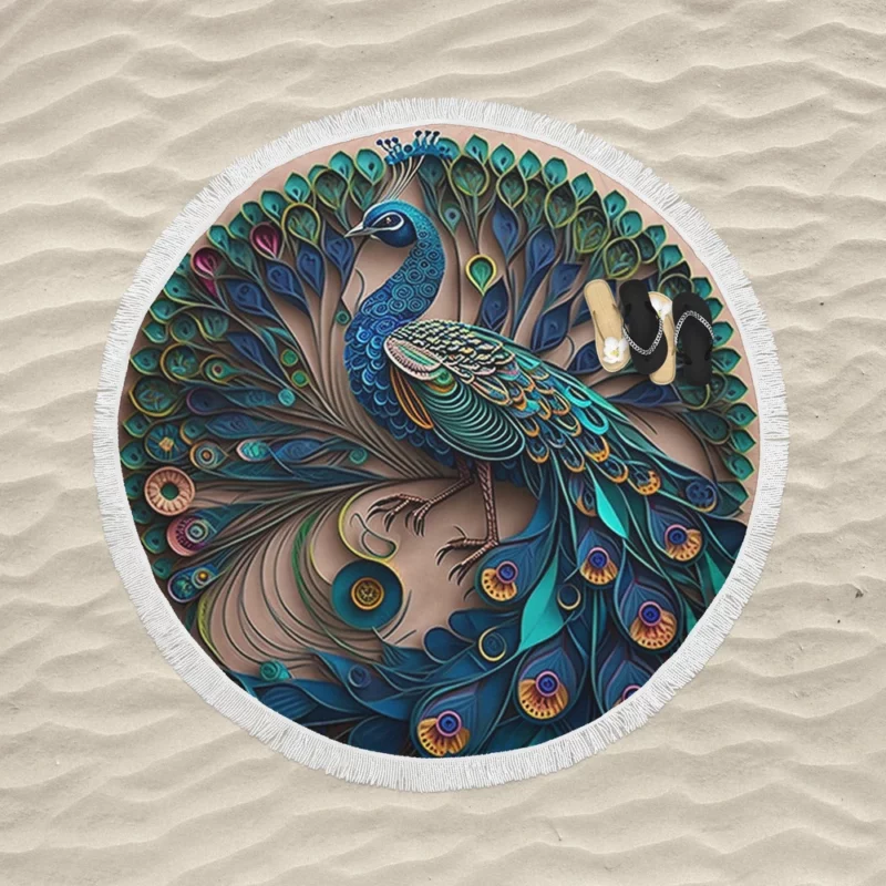 Paper Quilling Peacock Theme Round Beach Towel