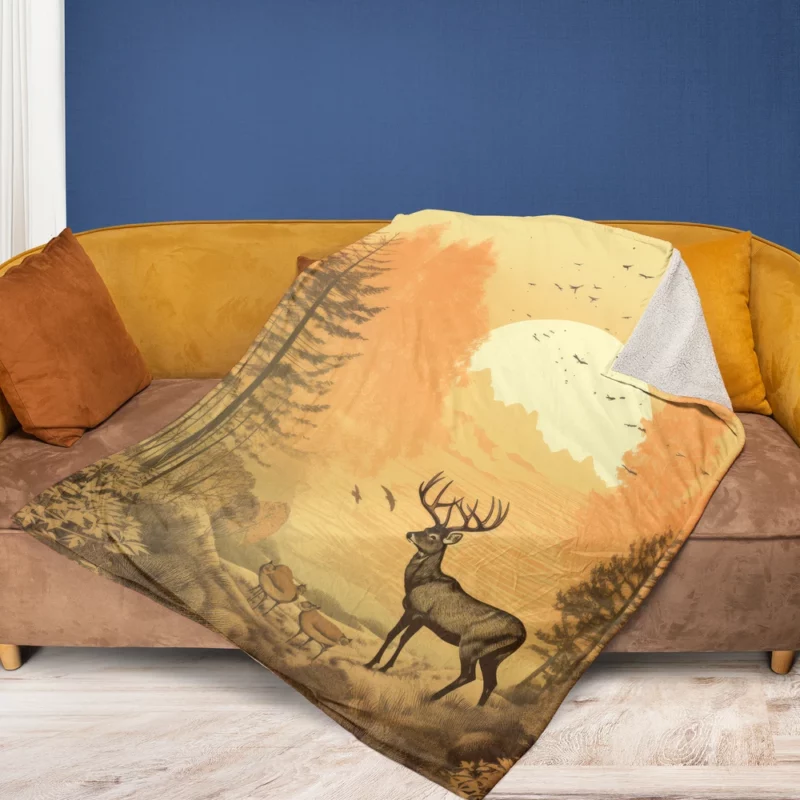 Pastoral Scene Two Deer & Ducks Fleece Blanket 1