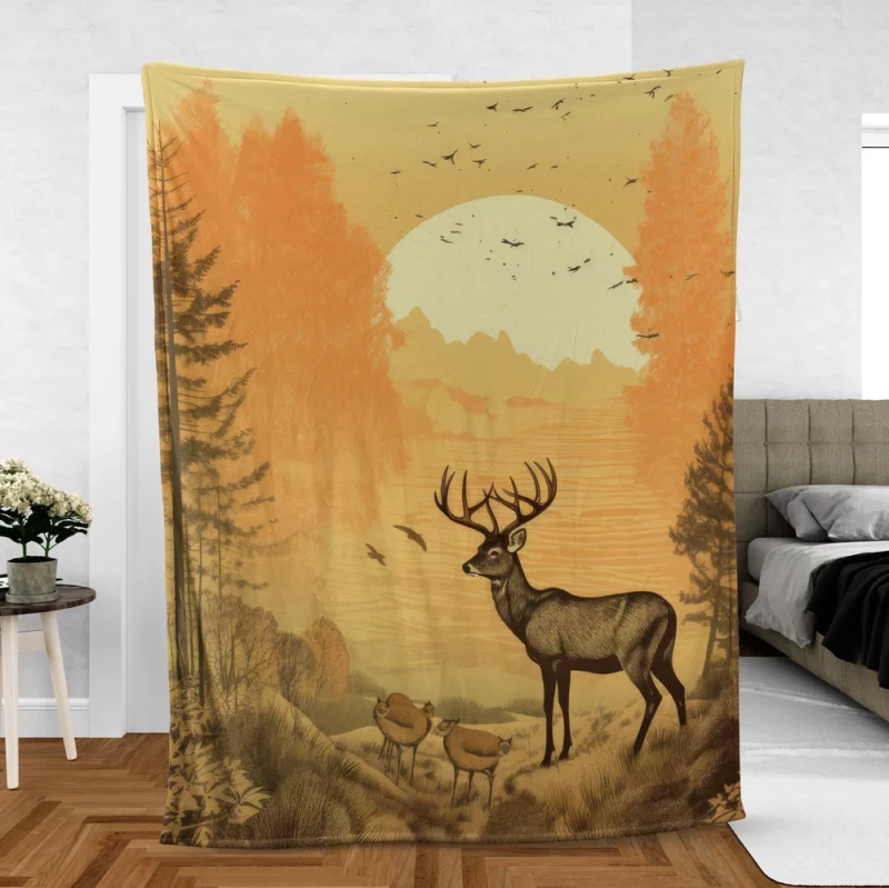 Pastoral Scene Two Deer & Ducks Fleece Blanket