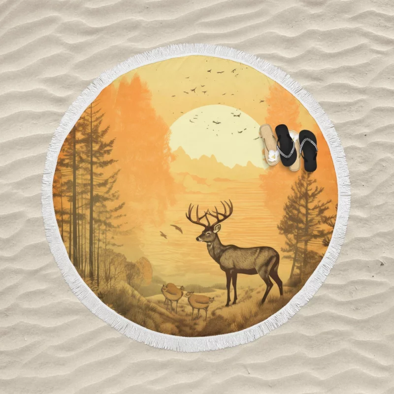 Pastoral Scene Two Deer & Ducks Round Beach Towel