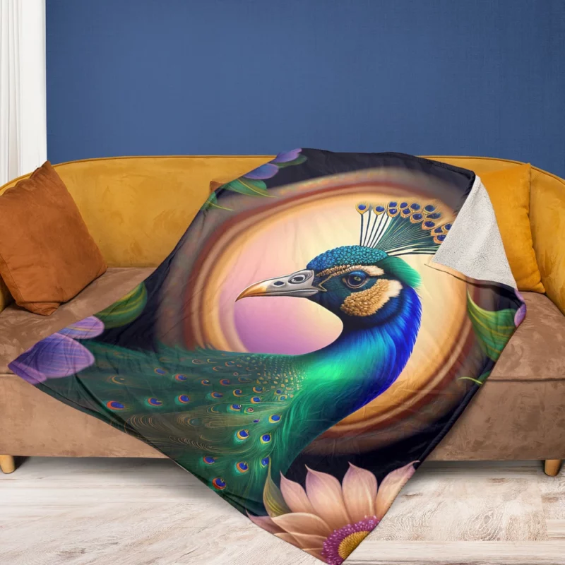 Peacock Amidst Flowers Fleece Blanket 1