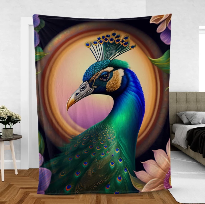 Peacock Amidst Flowers Fleece Blanket