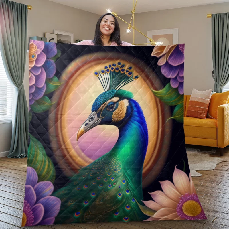 Peacock Amidst Flowers Quilt Blanket