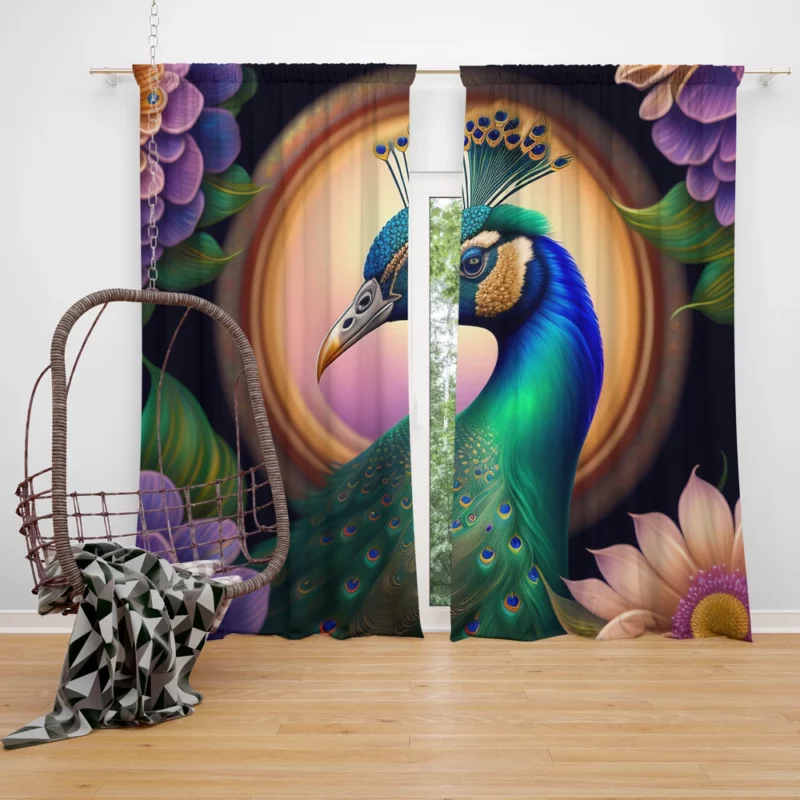 Peacock Amidst Flowers Window Curtain