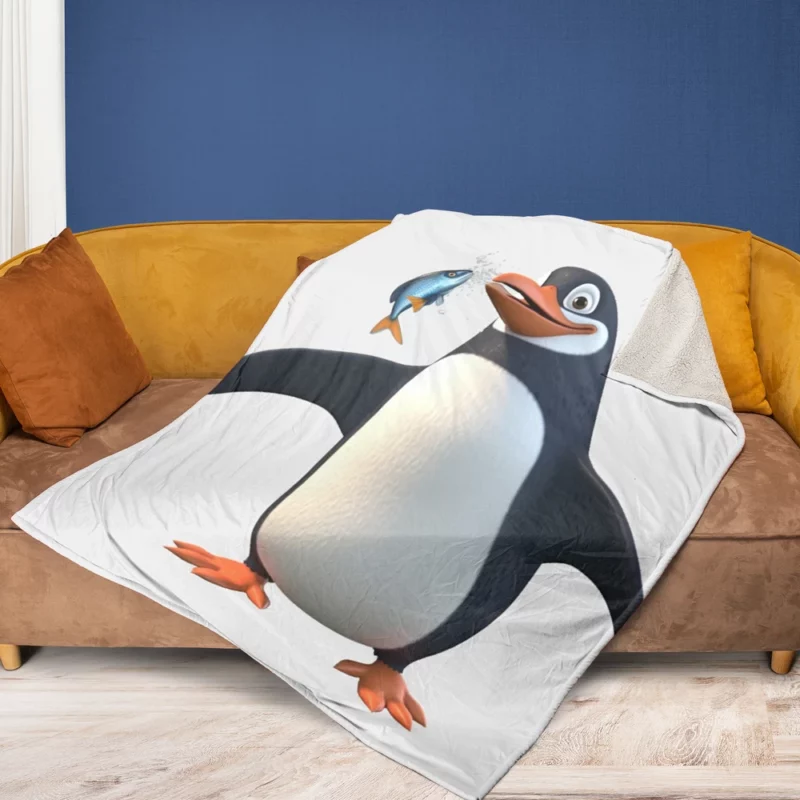 Penguin Holding a Fish Fleece Blanket 1