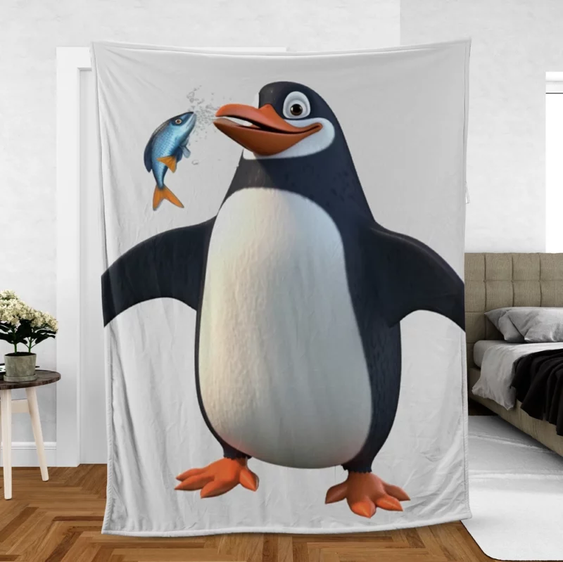 Penguin Holding a Fish Fleece Blanket