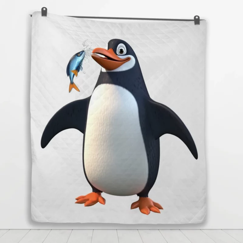 Penguin Holding a Fish Quilt Blanket 1