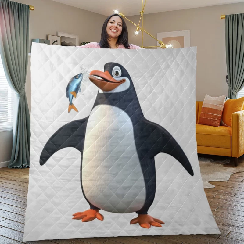 Penguin Holding a Fish Quilt Blanket