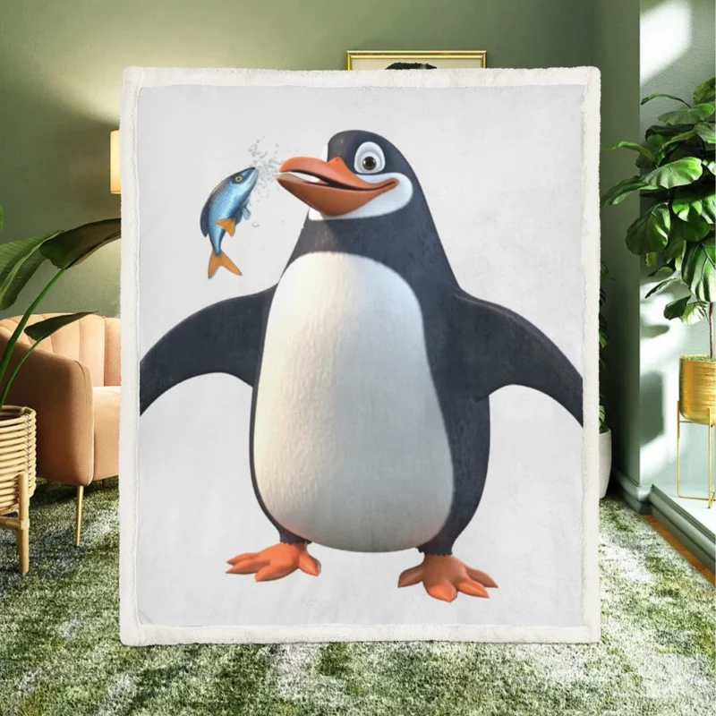 Penguin Holding a Fish Sherpa Fleece Blanket