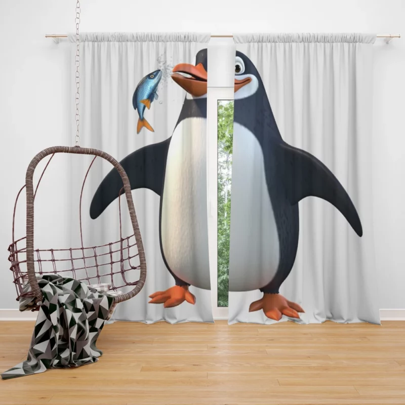 Penguin Holding a Fish Window Curtain