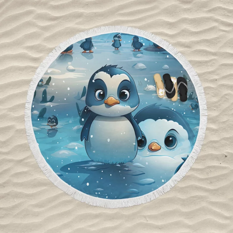 Penguin With Label Round Beach Towel