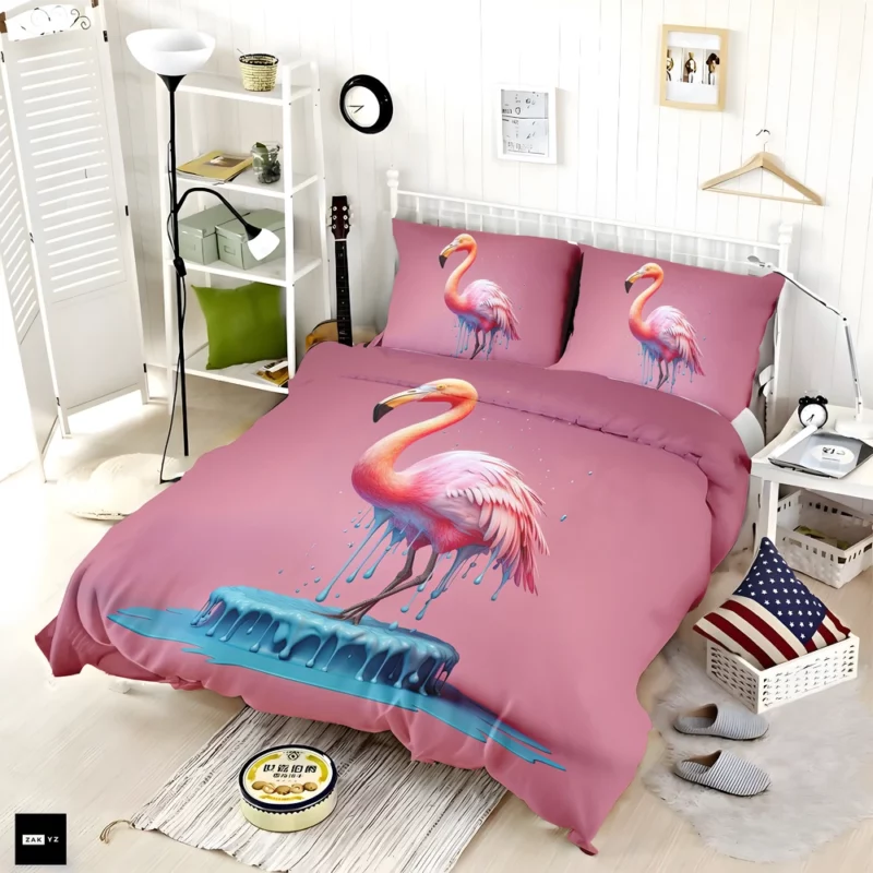 Pink Bird Splashing Flamingo Bedding Set