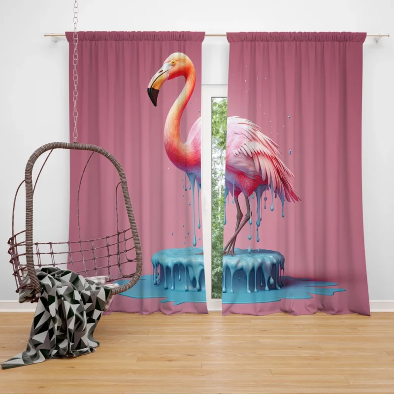 Pink Bird Splashing Flamingo Window Curtain