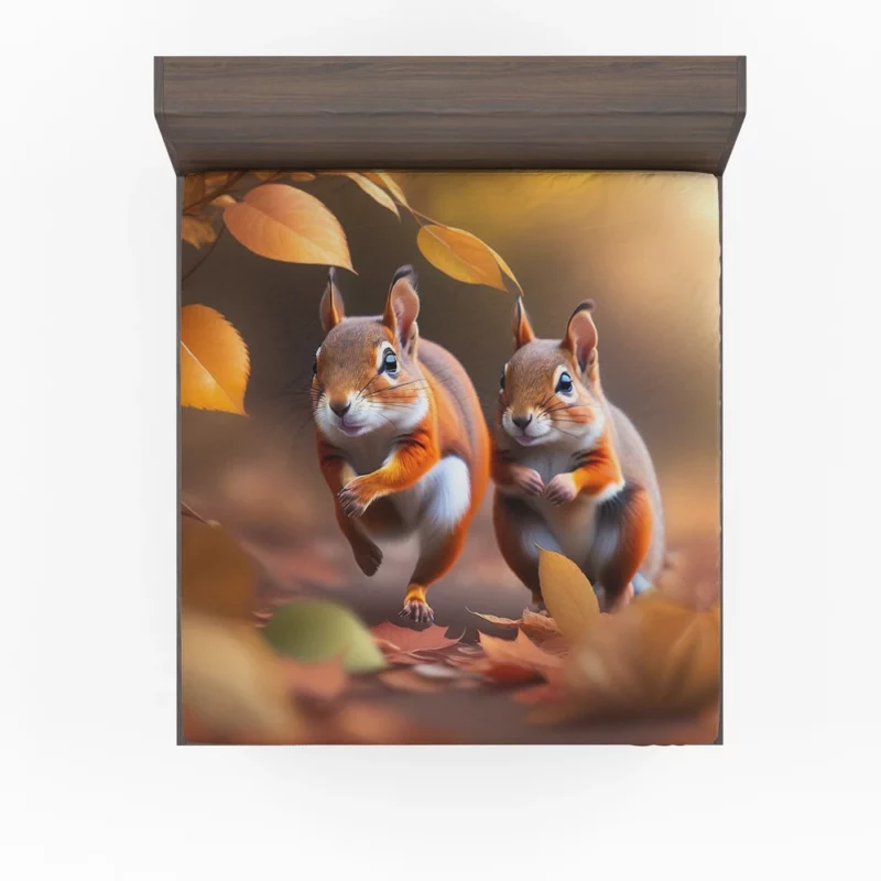 Playful Squirrels Amidst Fallen Leaves Fitted Sheet