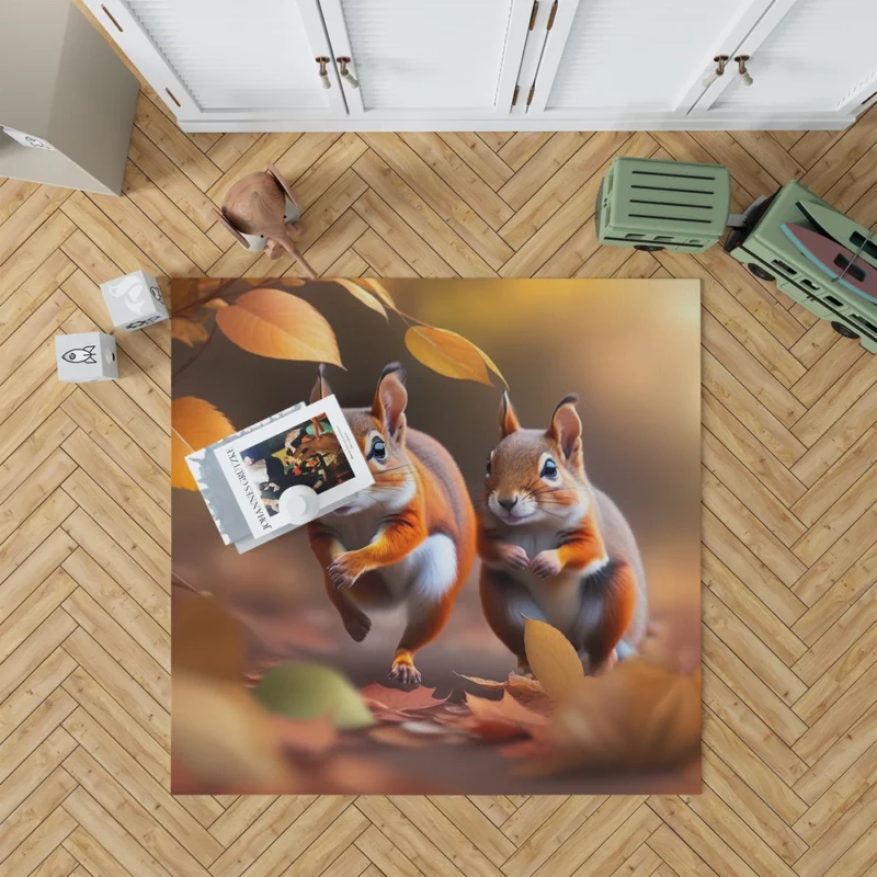 Playful Squirrels Amidst Fallen Leaves Rug