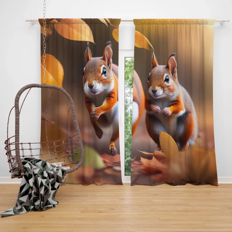 Playful Squirrels Amidst Fallen Leaves Window Curtain