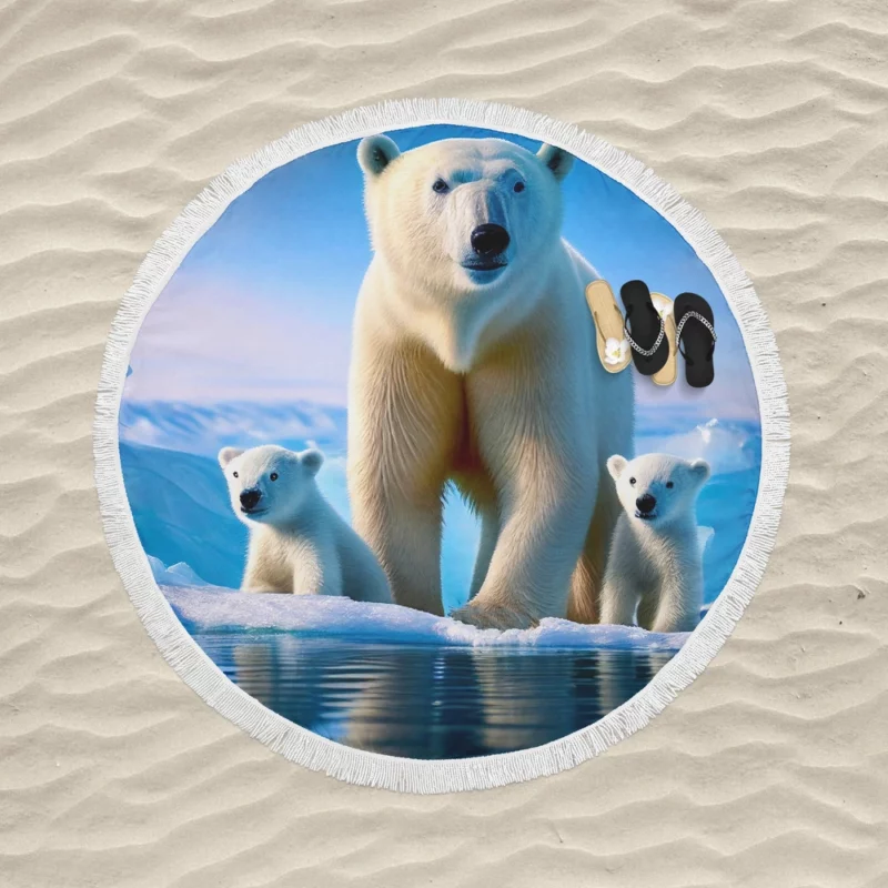 Polar Bear Family on Ice Round Beach Towel
