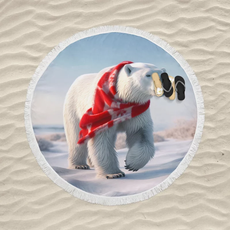 Polar Bear Wearing a Scarf Round Beach Towel