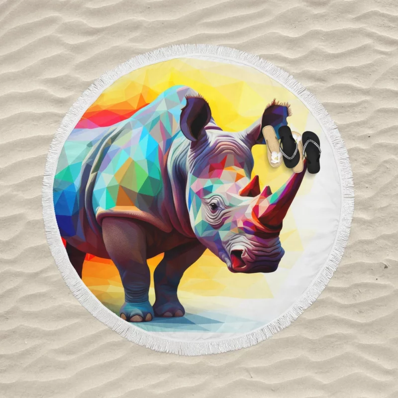 Polygonal Rhino Illustration Round Beach Towel