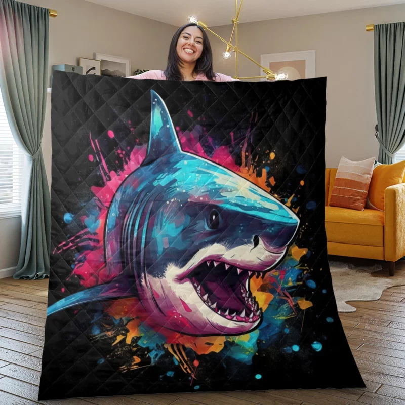 Pop Art Shark on Dark Background Quilt Blanket