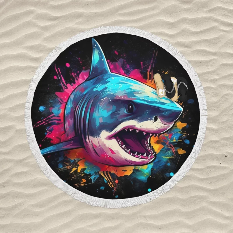 Pop Art Shark on Dark Background Round Beach Towel