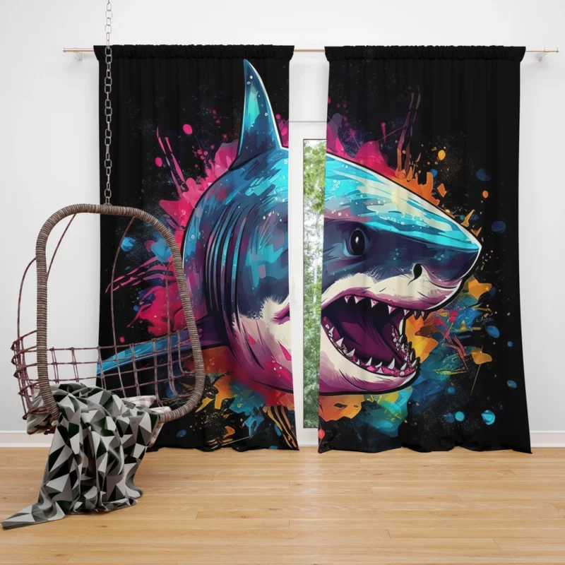 Pop Art Shark on Dark Background Window Curtain