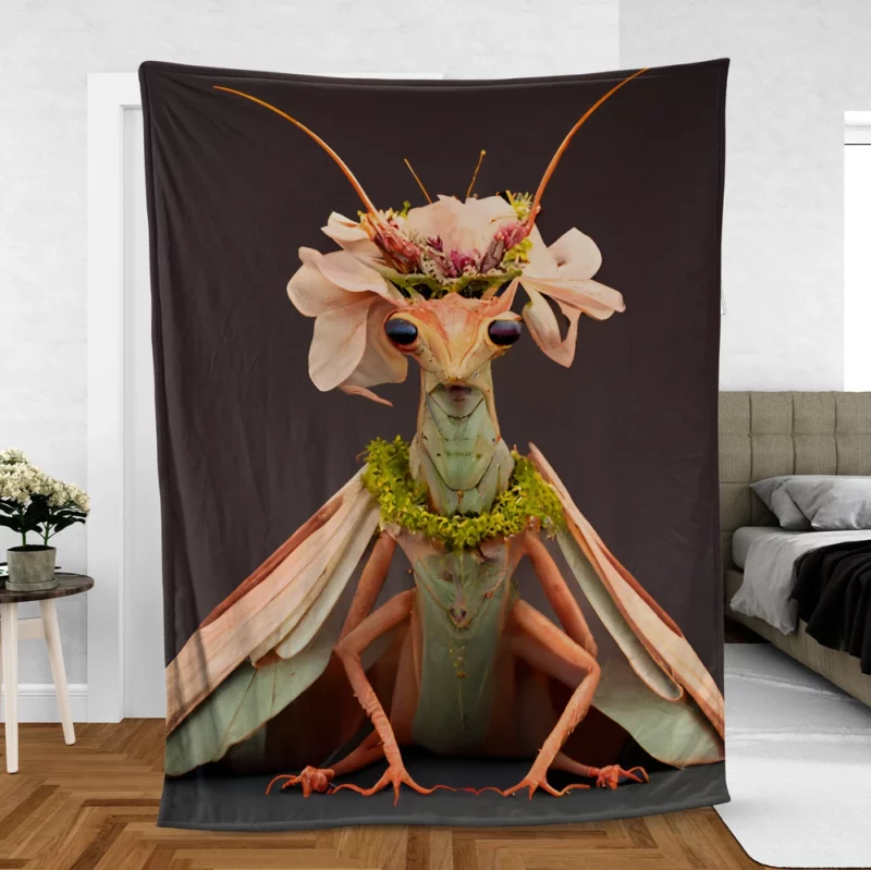 Praying Mantis With Floral Crown Fleece Blanket