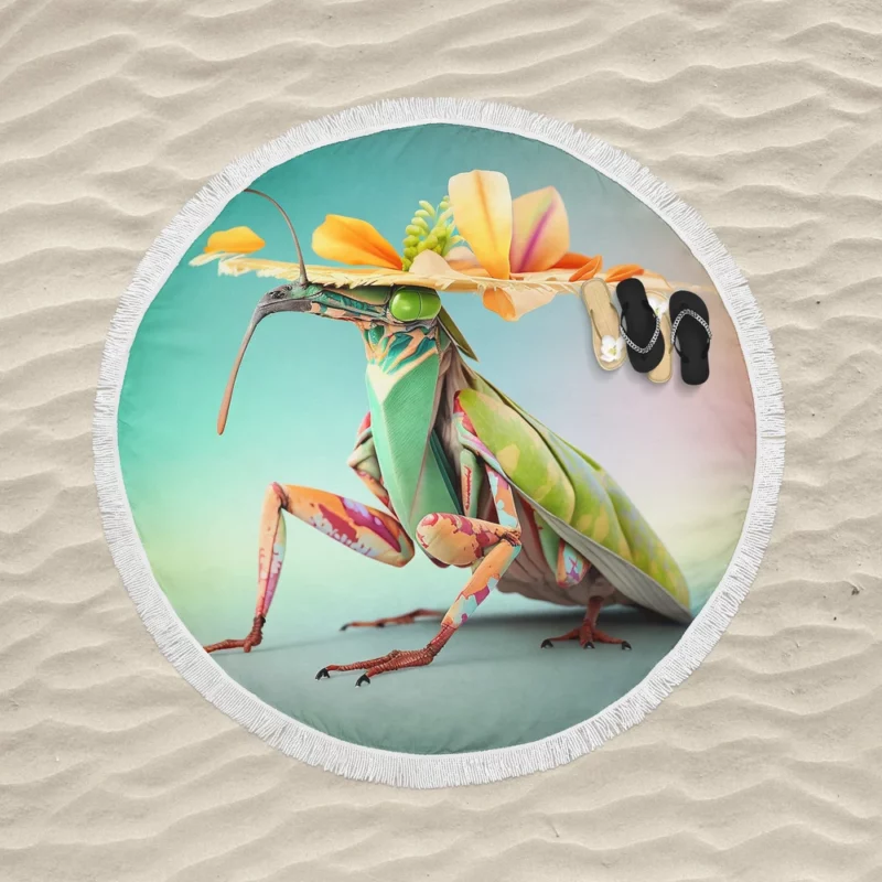 Praying Mantis in Hawaiian Outfit Round Beach Towel