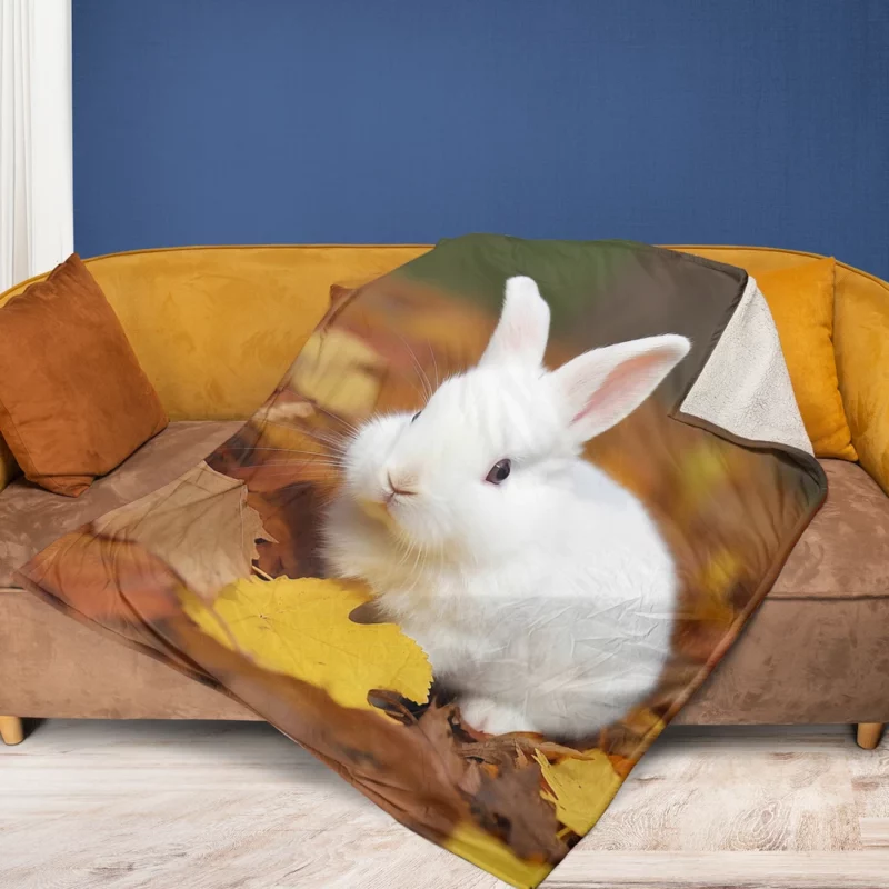 Rabbit in Autumn Leaves Fleece Blanket 1