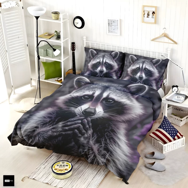 Raccoon Contemplation Among Purple Flowers Bedding Set