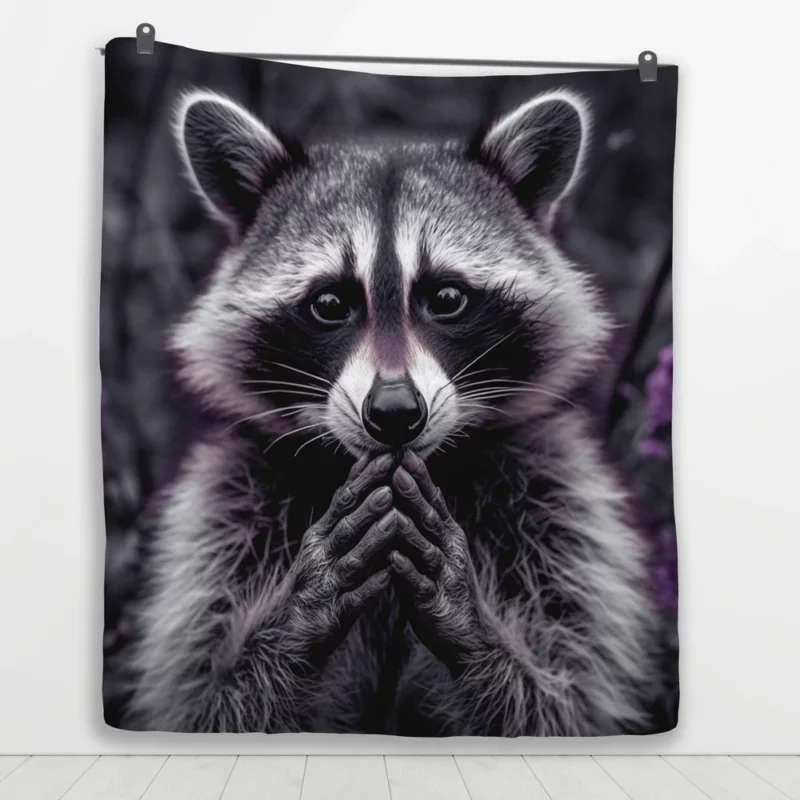 Raccoon Contemplation Among Purple Flowers Quilt Blanket 1