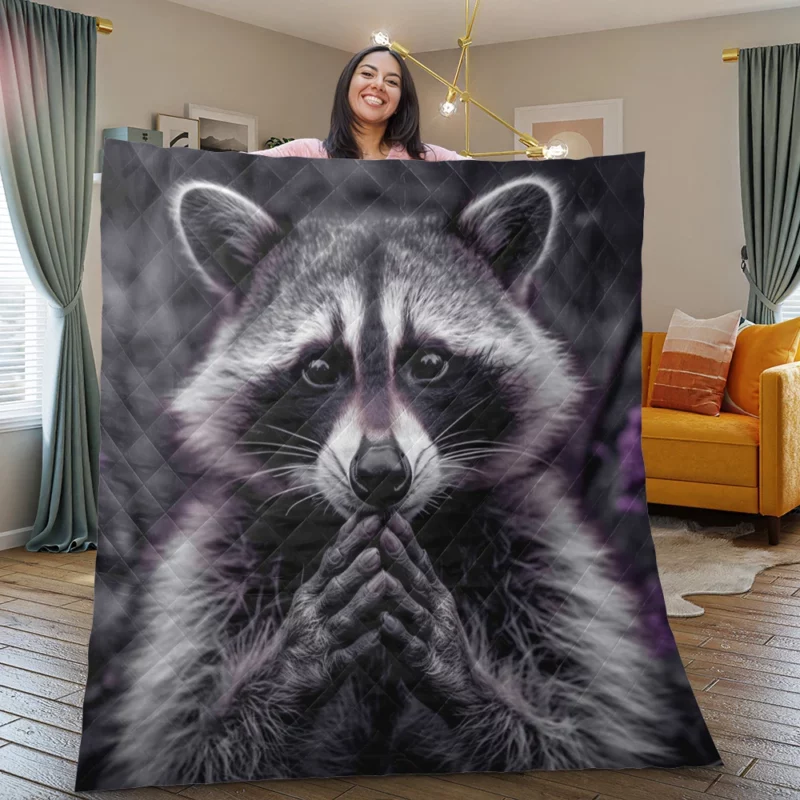 Raccoon Contemplation Among Purple Flowers Quilt Blanket