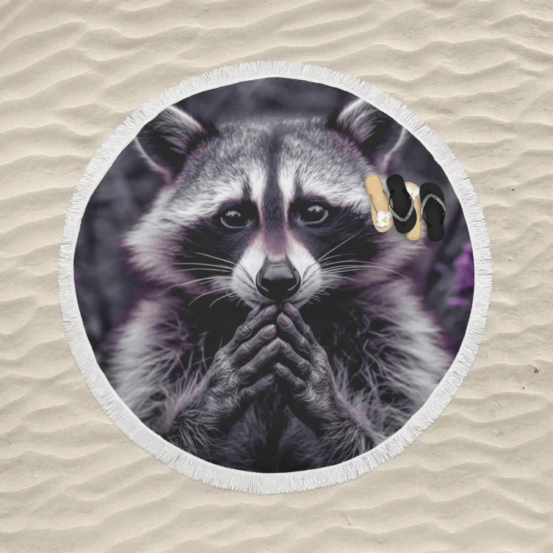 Raccoon Contemplation Among Purple Flowers Round Beach Towel