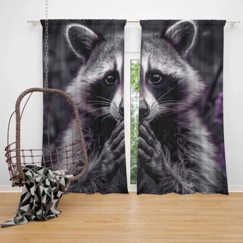 Raccoon Contemplation Among Purple Flowers Window Curtain