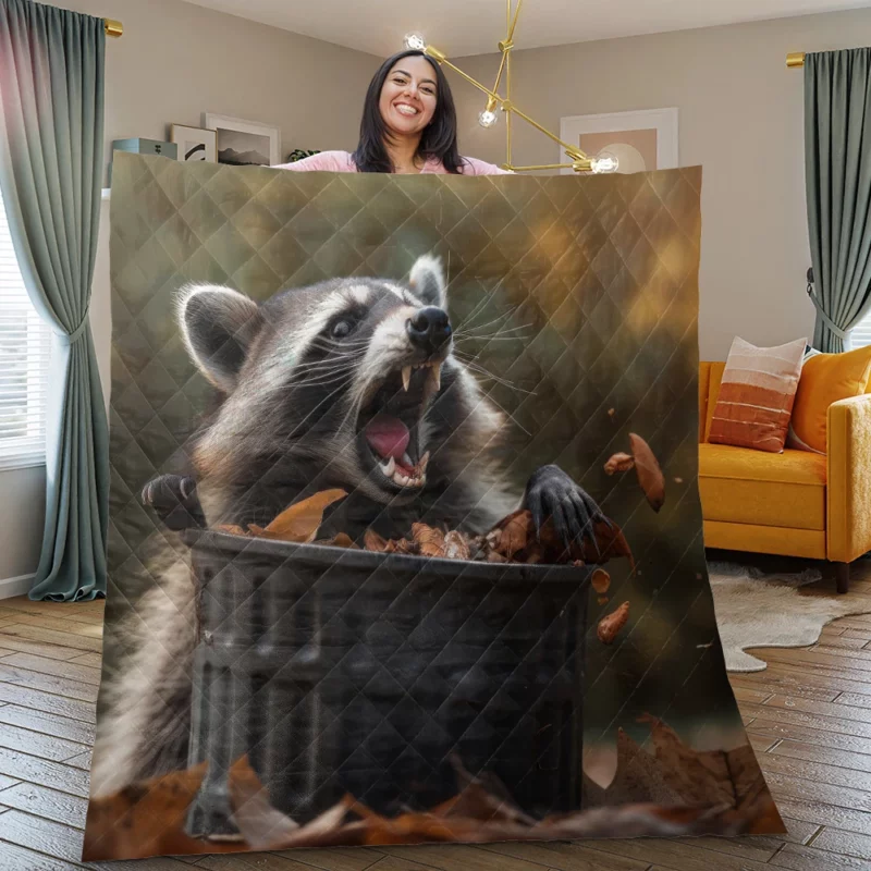 Raccoon and the Trash Can Autumn Encounter Quilt Blanket