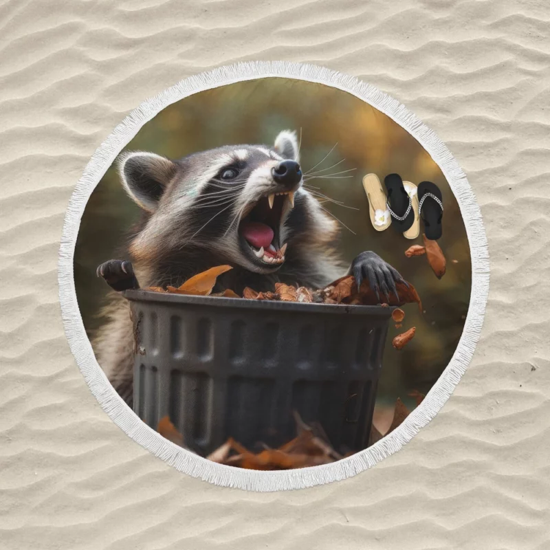 Raccoon and the Trash Can Autumn Encounter Round Beach Towel