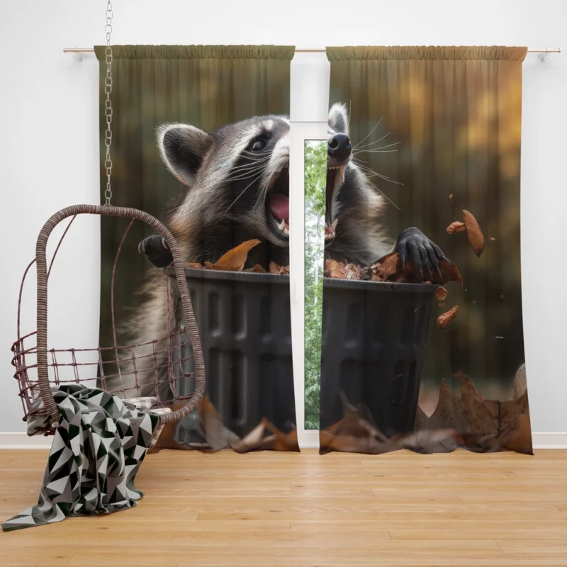 Raccoon and the Trash Can Autumn Encounter Window Curtain