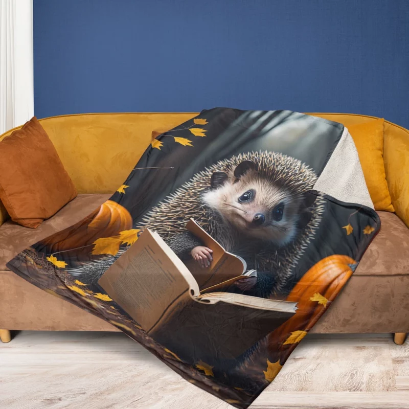 Reading Hedgehog Illustration Fleece Blanket 1