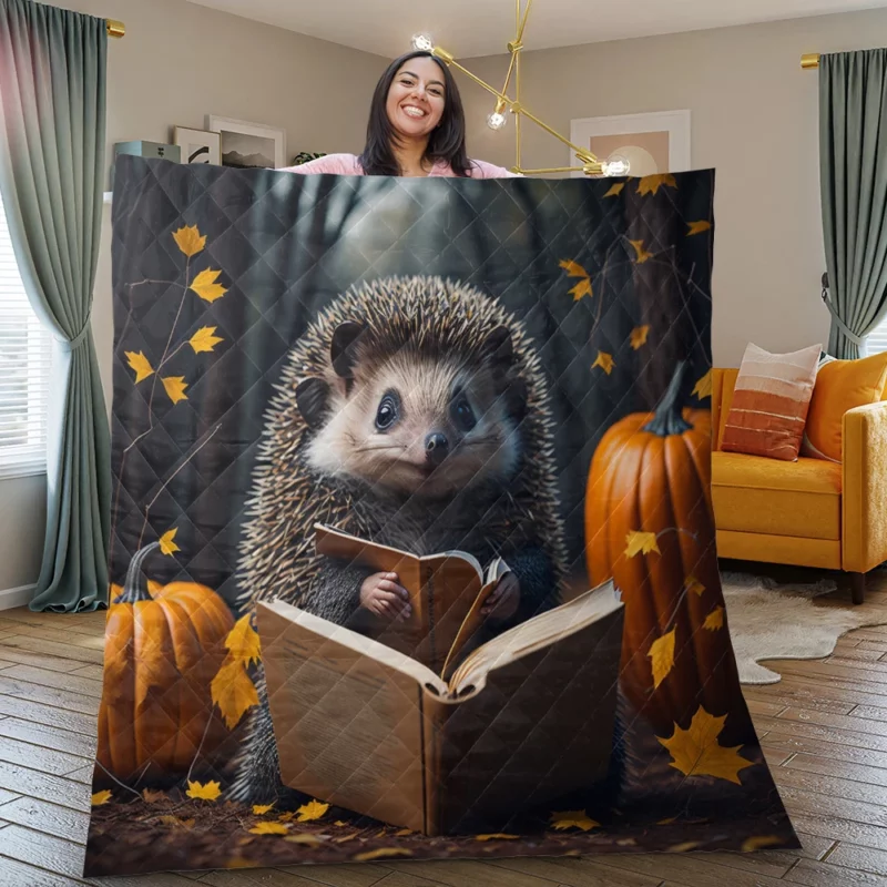 Reading Hedgehog Illustration Quilt Blanket