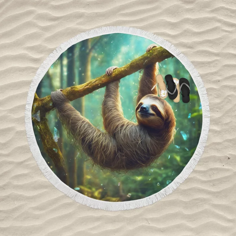 Realistic Sloth in the Forest Round Beach Towel